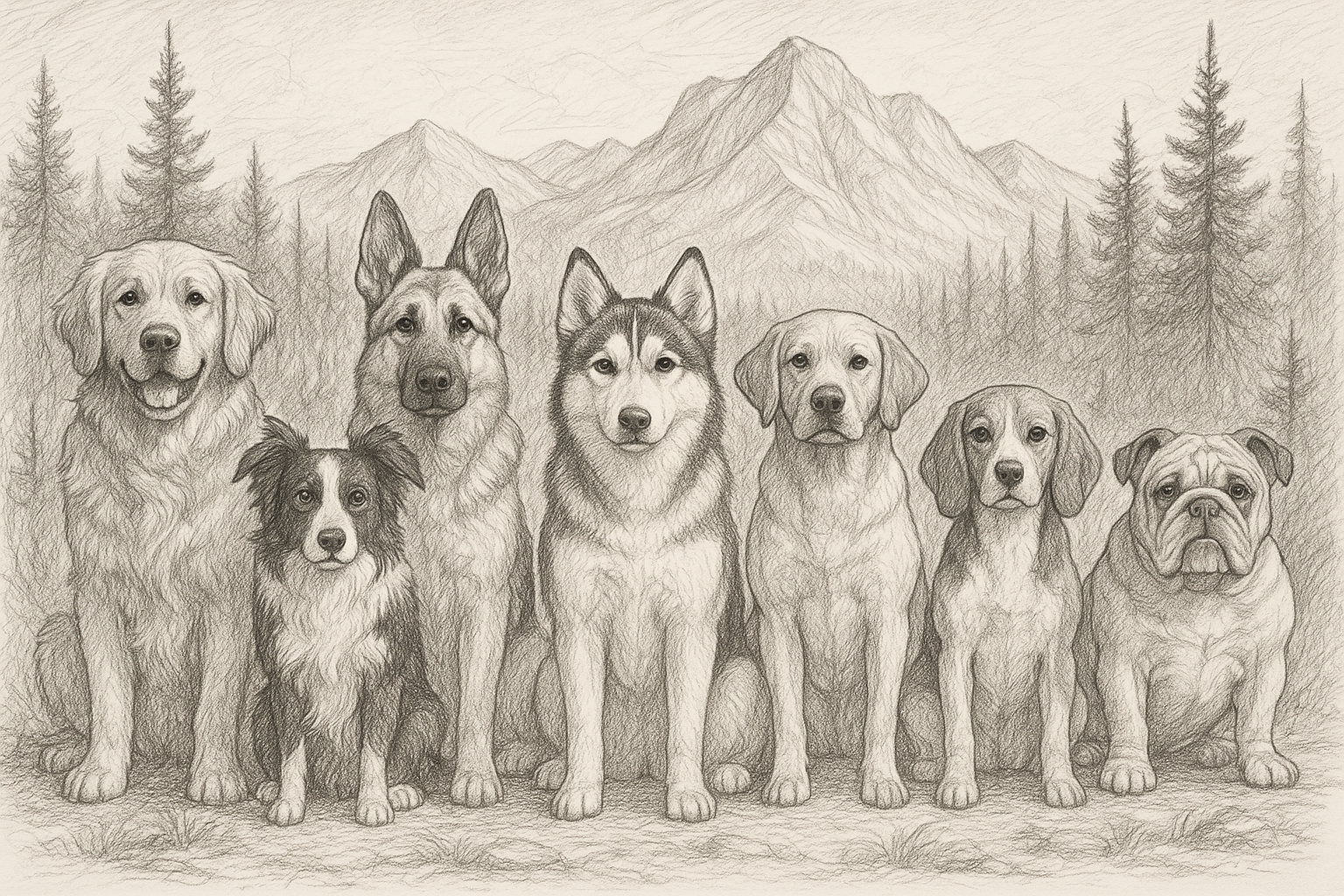 make a photo of a bunch of dog breeds sitting and next to each other facing forward. make the background a wilderness setting. most importantly make it look like a sketch, like a drawing